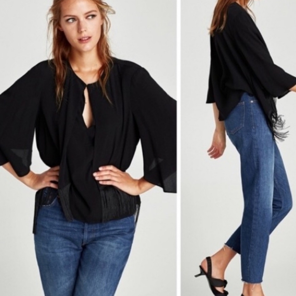 Zara Hippie Boho Whimsigoth Country black cape blouse fringe NWT XS oversized